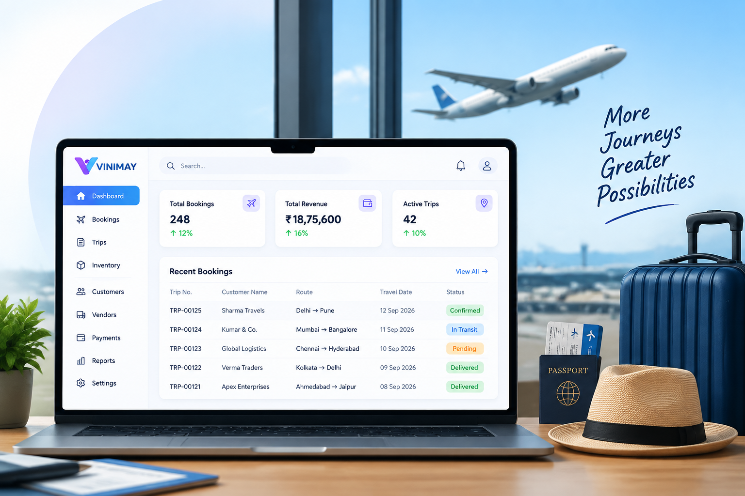 Vinimay travel dashboard on a laptop, with luggage