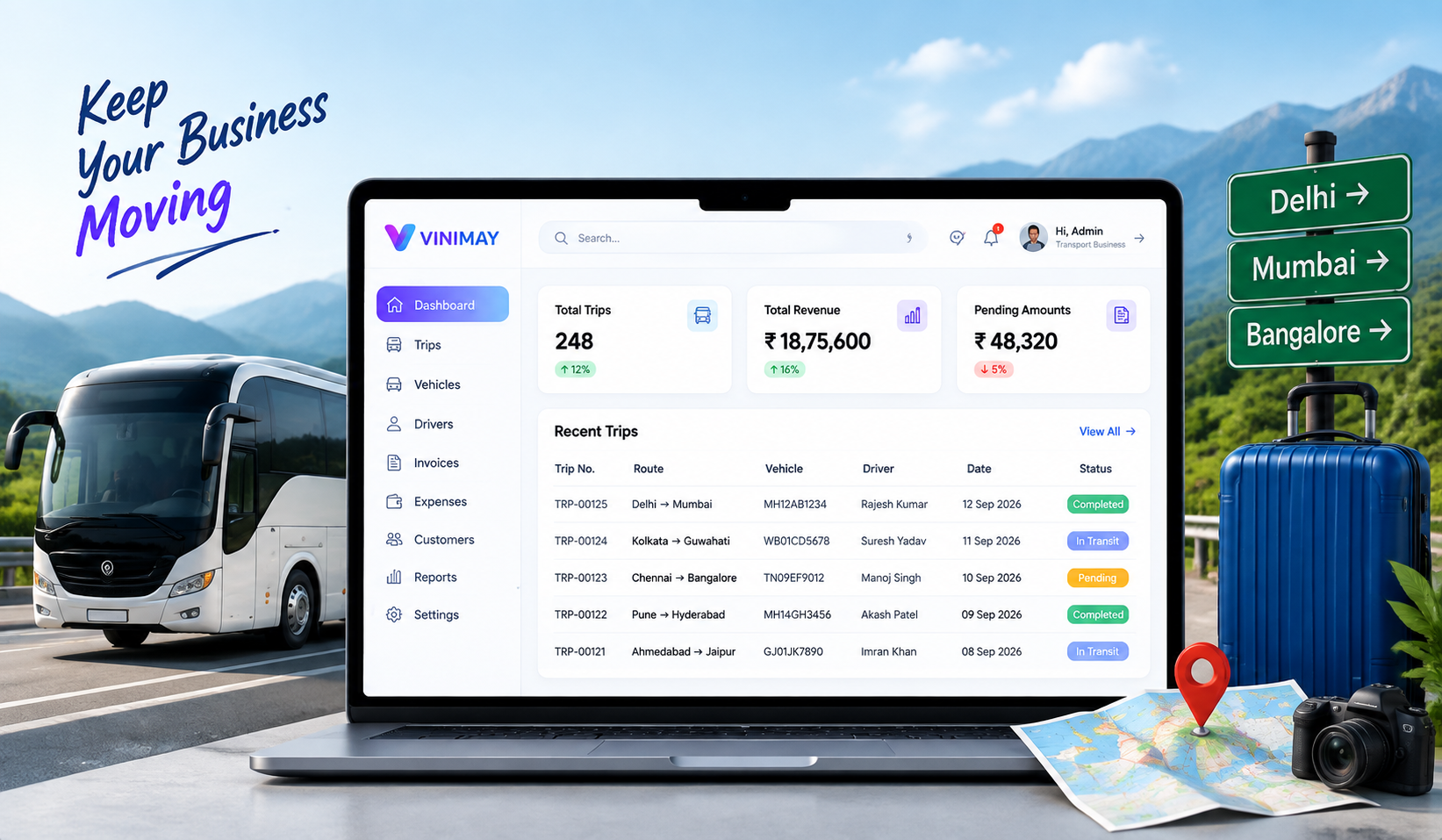 Vinimay trip dashboard with bus and travel essentials
